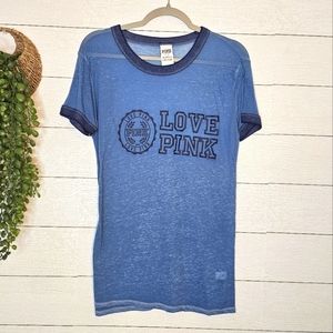 Victoria's Secret PINK Logo Crew Cut Short Sleeve Blue Womens Tee Shirt Sz Small